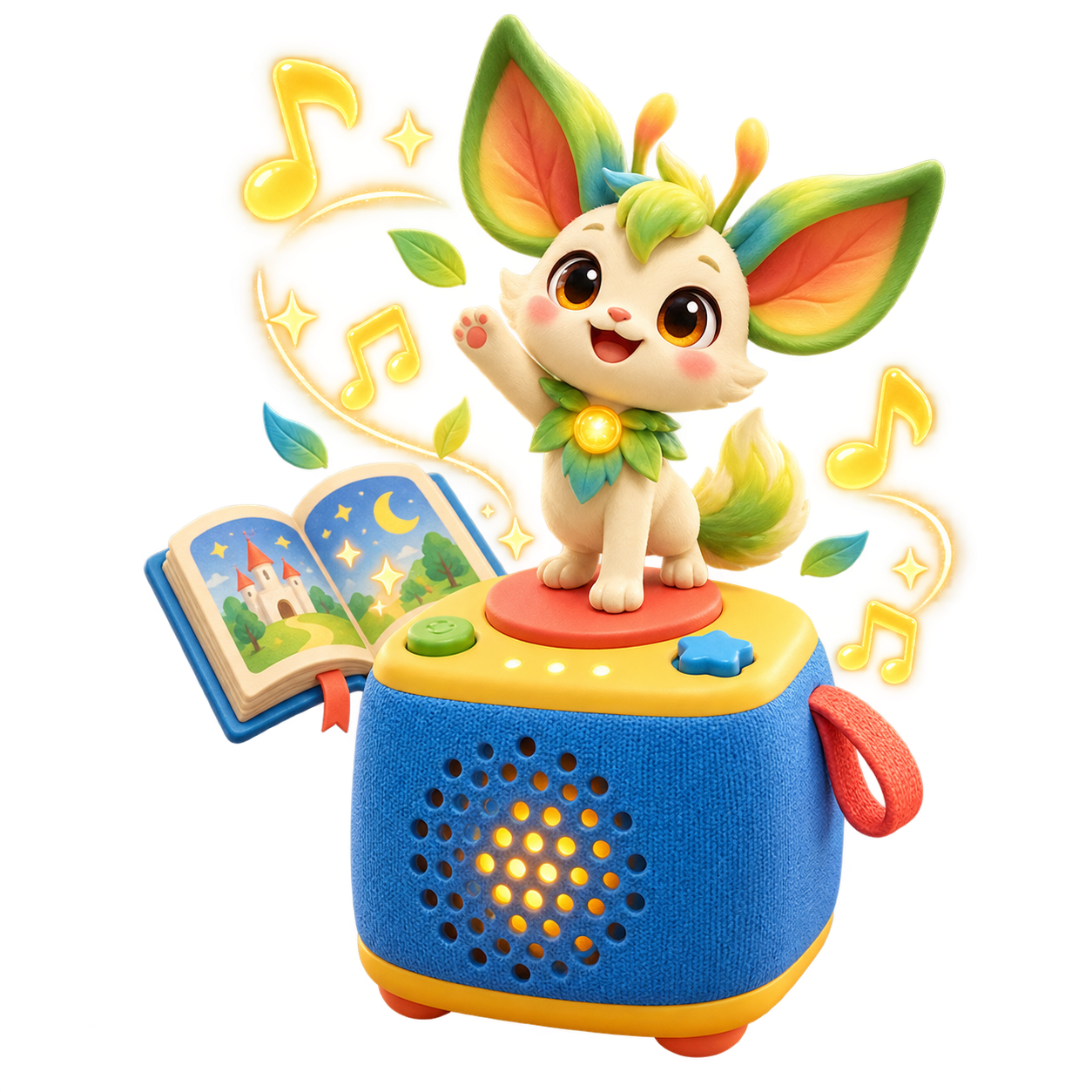 Cute audio-story figurine on a colorful speaker